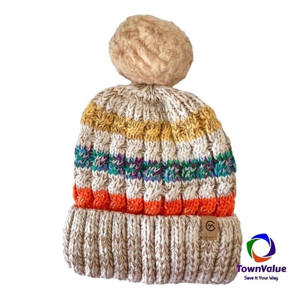 Chillmeister Womens Furball Beanie With Mask Cream Multicolor Stripe Pom Pom OS
